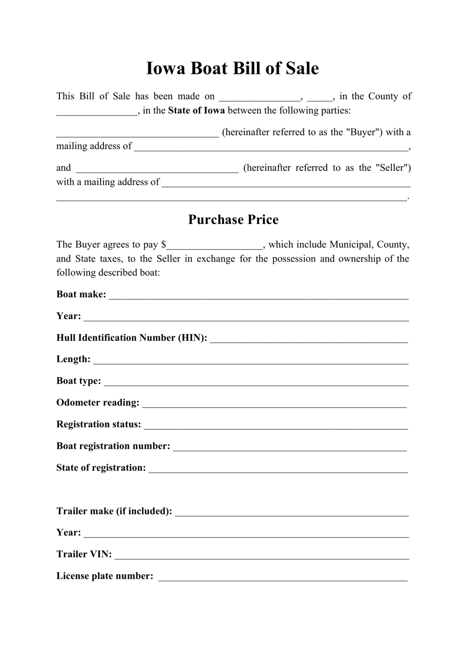 Boat Bill of Sale Form - Iowa, Page 1