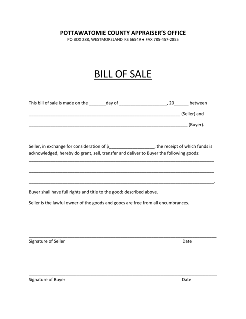 Generic Bill of Sale - Pottawatomie County, Kansas