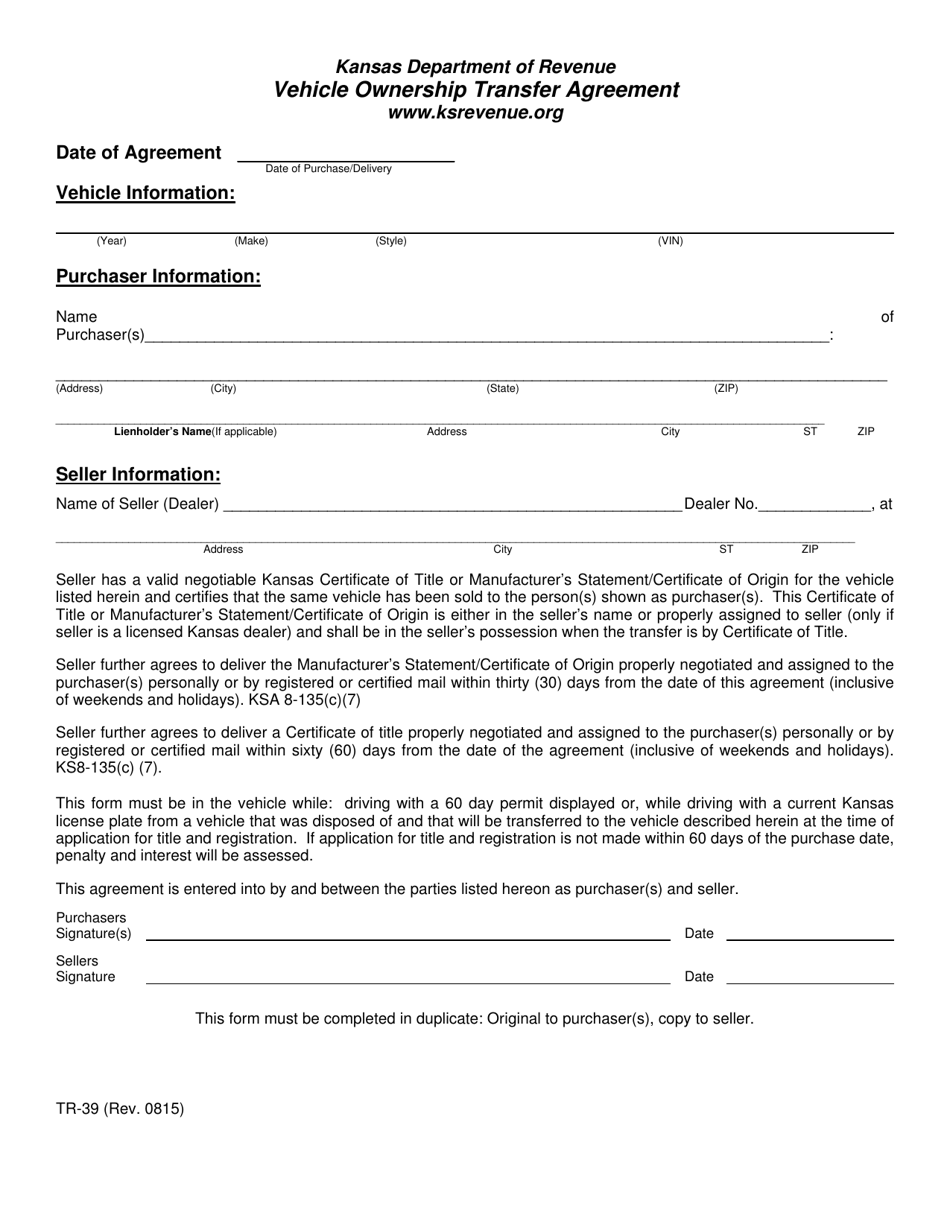 Form TR-39 Vehicle Ownership Transfer Agreement - Kansas, Page 1