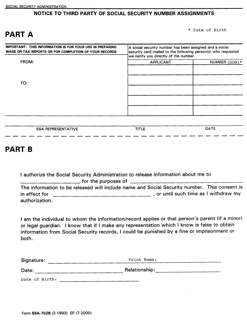 Form SSA-7028 Notice to Third Party of Social Security Number Assignments, Page 1