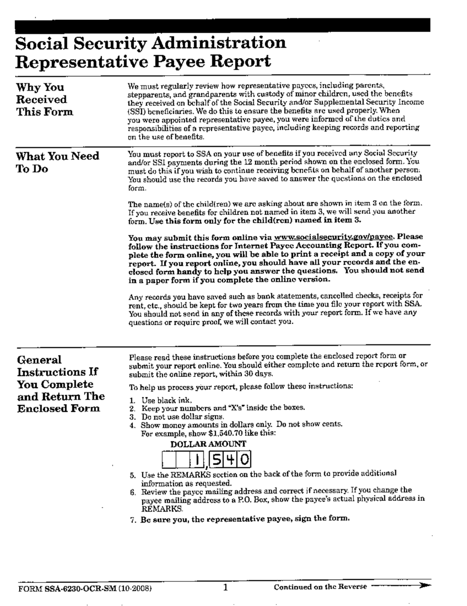 Form SSA-6230-OCR-SM Representative Payee Report, Page 1