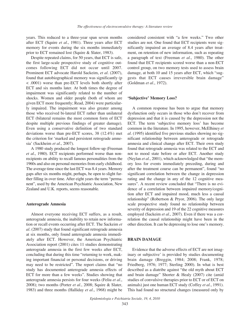 The Effectiveness of Electroconvulsive Therapy: a Literature Review, John Read, Richard P. Bentall, Page 11