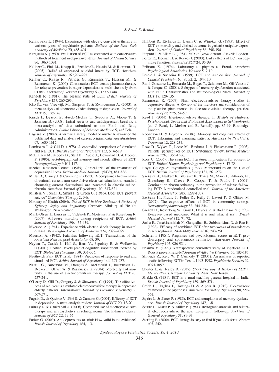 The Effectiveness of Electroconvulsive Therapy: a Literature Review, John Read, Richard P. Bentall, Page 14