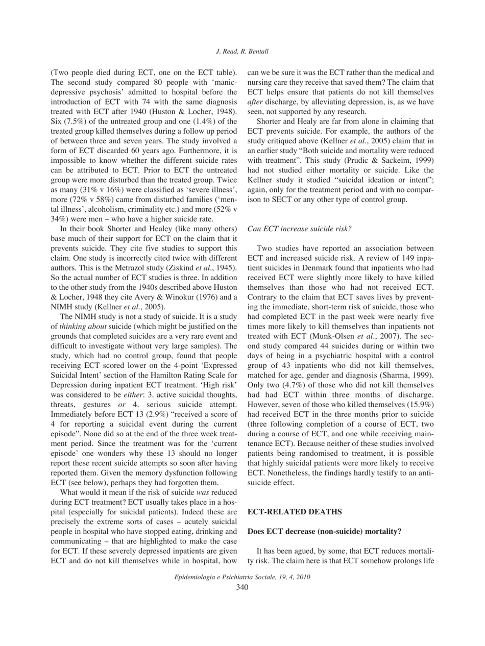 The Effectiveness of Electroconvulsive Therapy: a Literature Review, John Read, Richard P. Bentall, Page 8