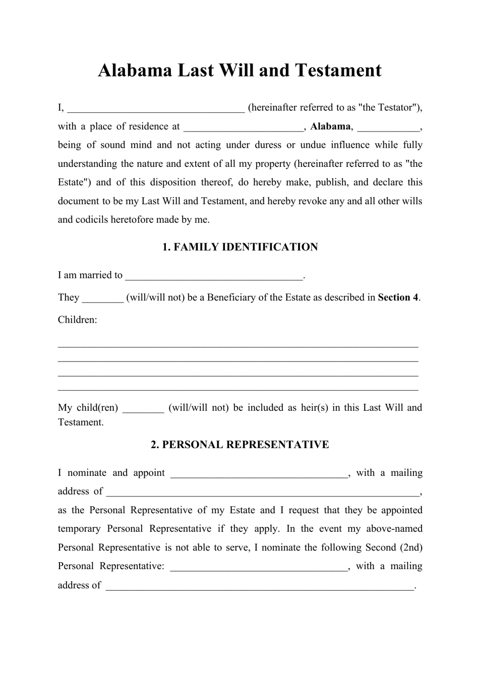 Last Will and Testament Template - Alabama