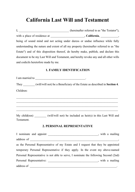 Last Will and Testament Template - California