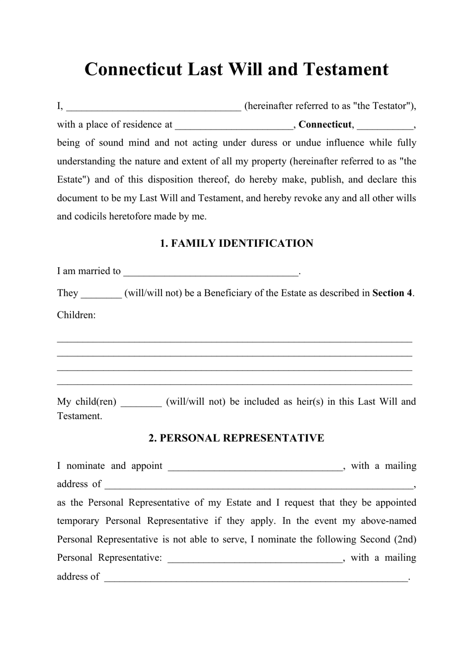 Connecticut Last Will and Testament Template Download Printable PDF