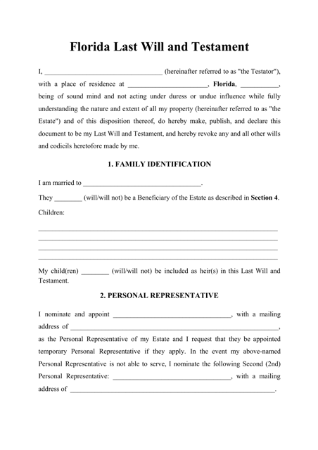 "Last Will and Testament Template" - Florida Download Pdf