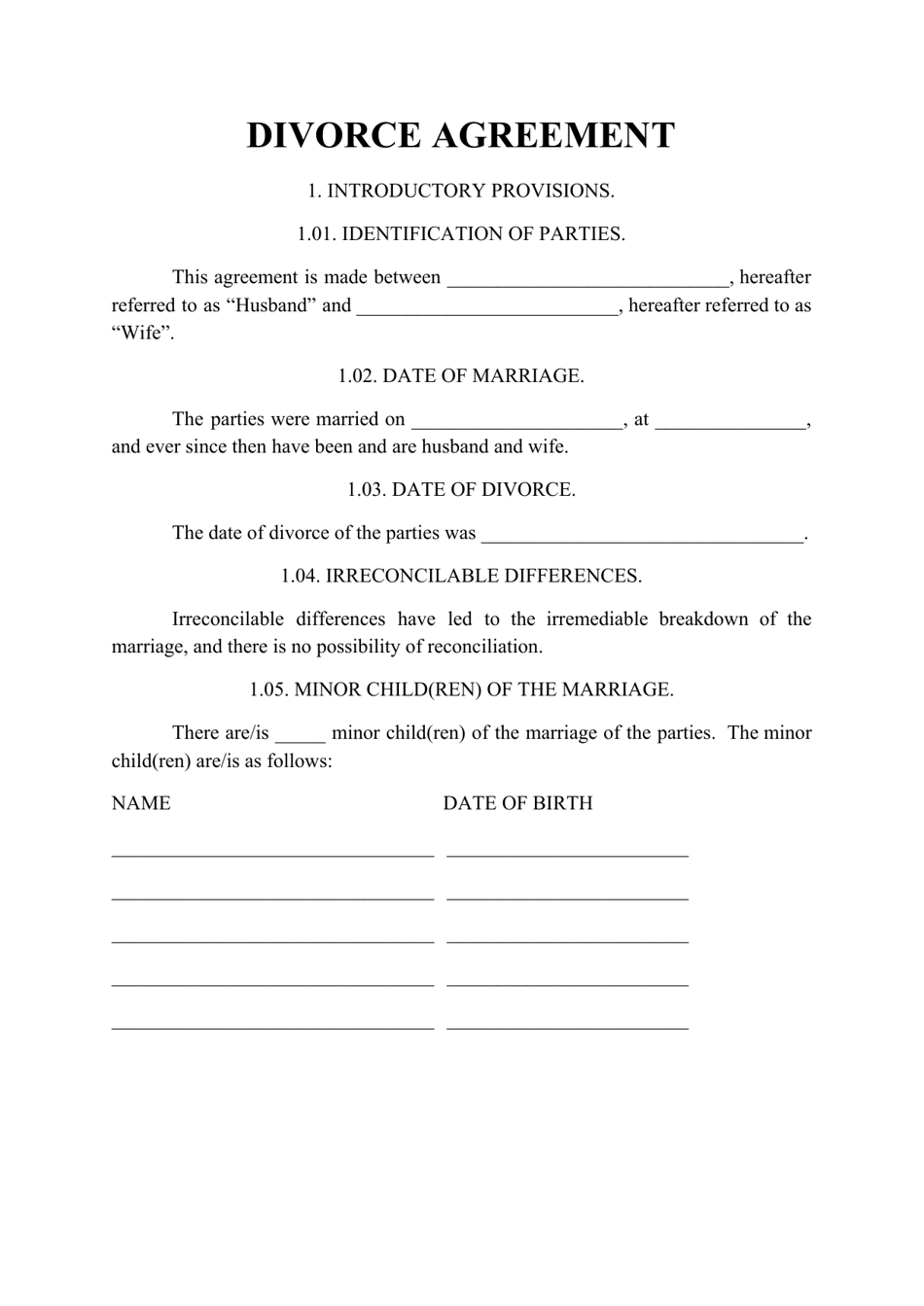 Divorce Agreement Template, Page 1