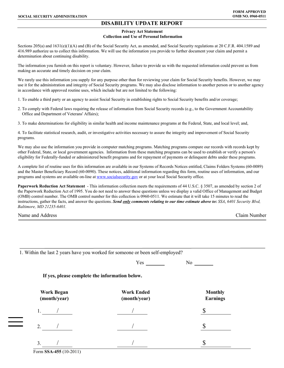 Form SSA-455 Disability Update Report, Page 1