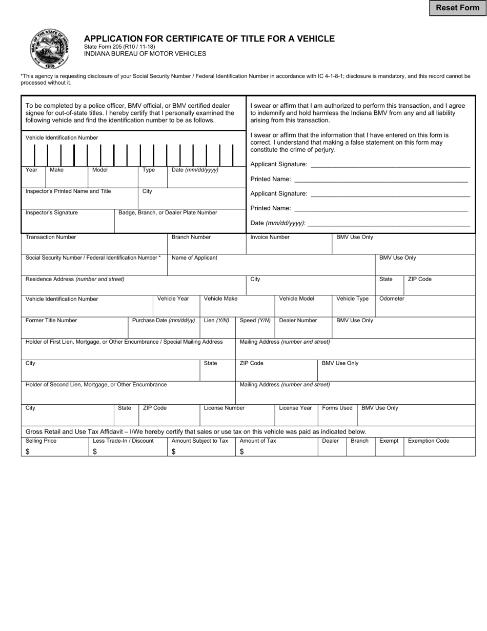 State Form 205 Application for Certificate of Title for a Vehicle - Indiana, Page 1
