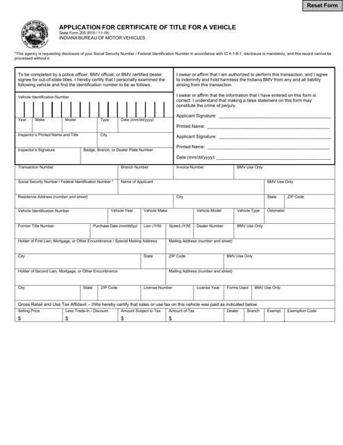State Form 205 Application for Certificate of Title for a Vehicle - Indiana