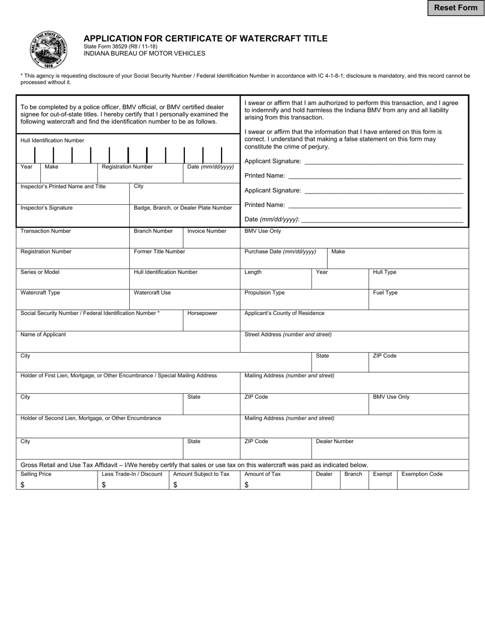 State Form 38529 Application for Certificate of Watercraft Title - Indiana, Page 1