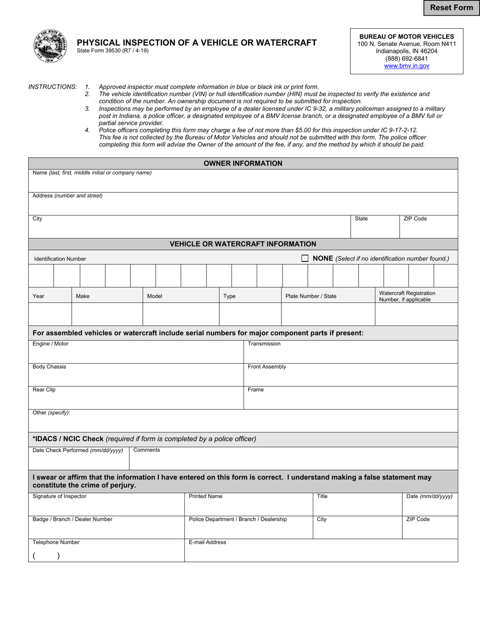 State Form 39530 Physical Inspection of a Vehicle or Watercraft - Indiana, Page 1