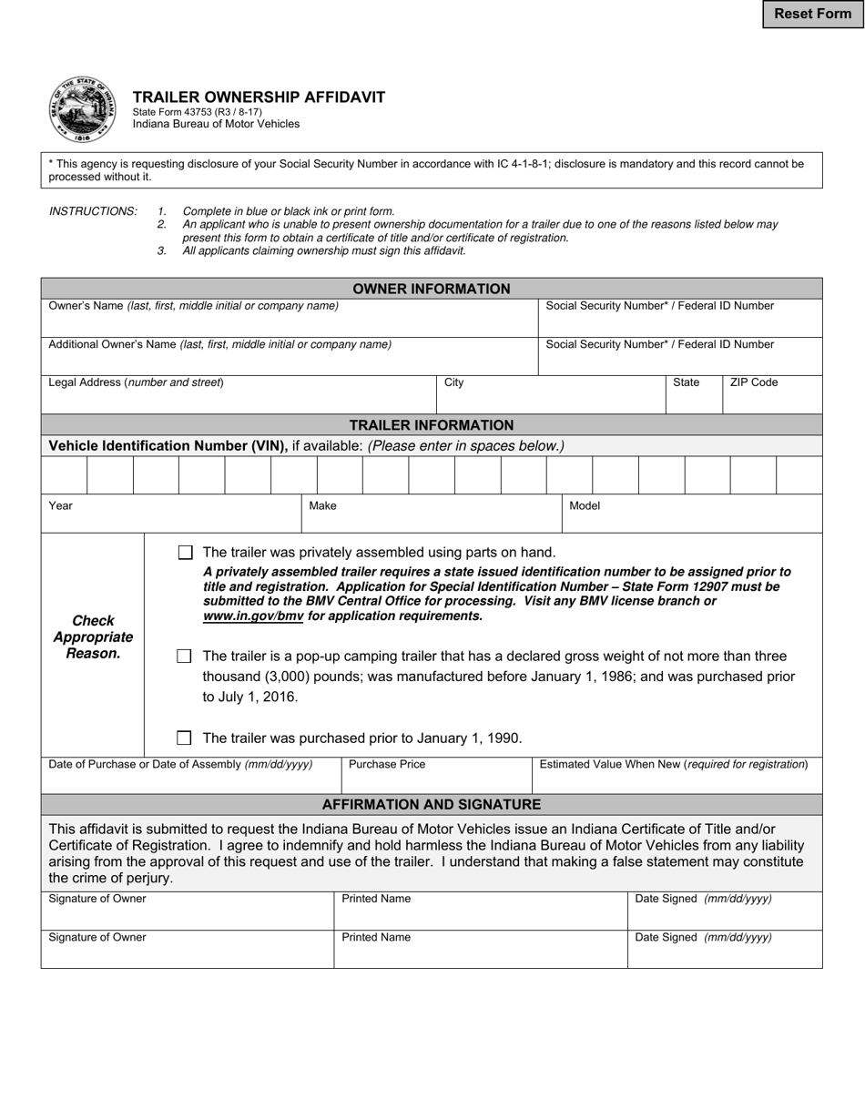 State Form 43753 Trailer Ownership Affidavit - Indiana, Page 1