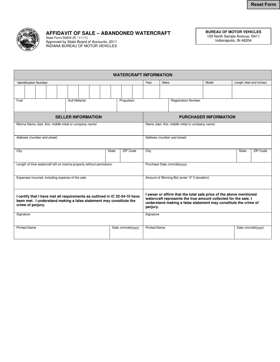 State Form 50634 Affidavit of Sale - Abandoned Watercraft - Indiana, Page 1