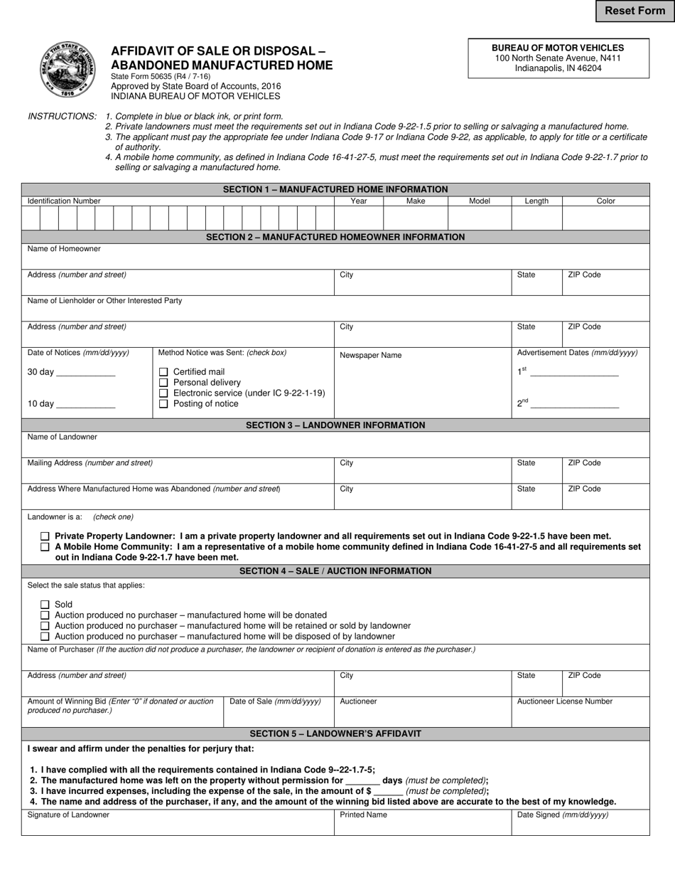 State Form 50635 Affidavit of Sale or Disposal - Abandoned Manufactured Home - Indiana, Page 1