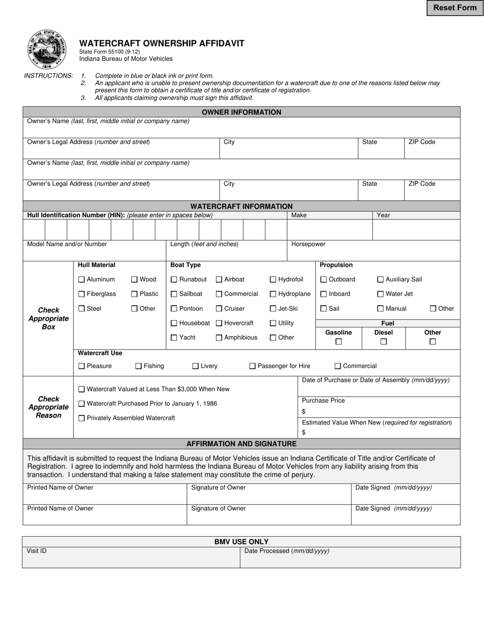 State Form 55100 Watercraft Ownership Affidavit - Indiana, Page 1