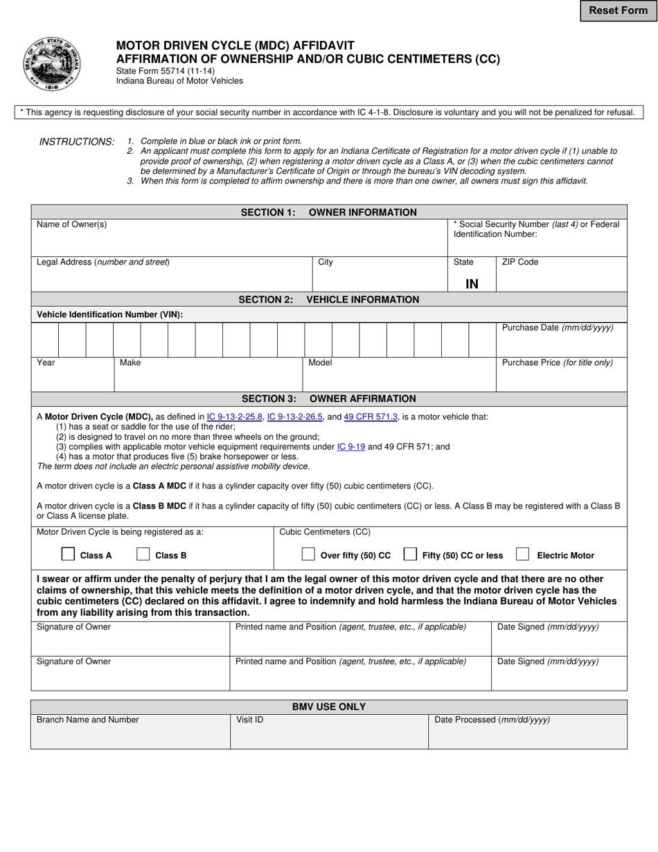 State Form 55714 Motor Driven Cycle (MDC) Affidavit Affirmation of Ownership and / or Cubic Centimeters (Cc) - Indiana, Page 1