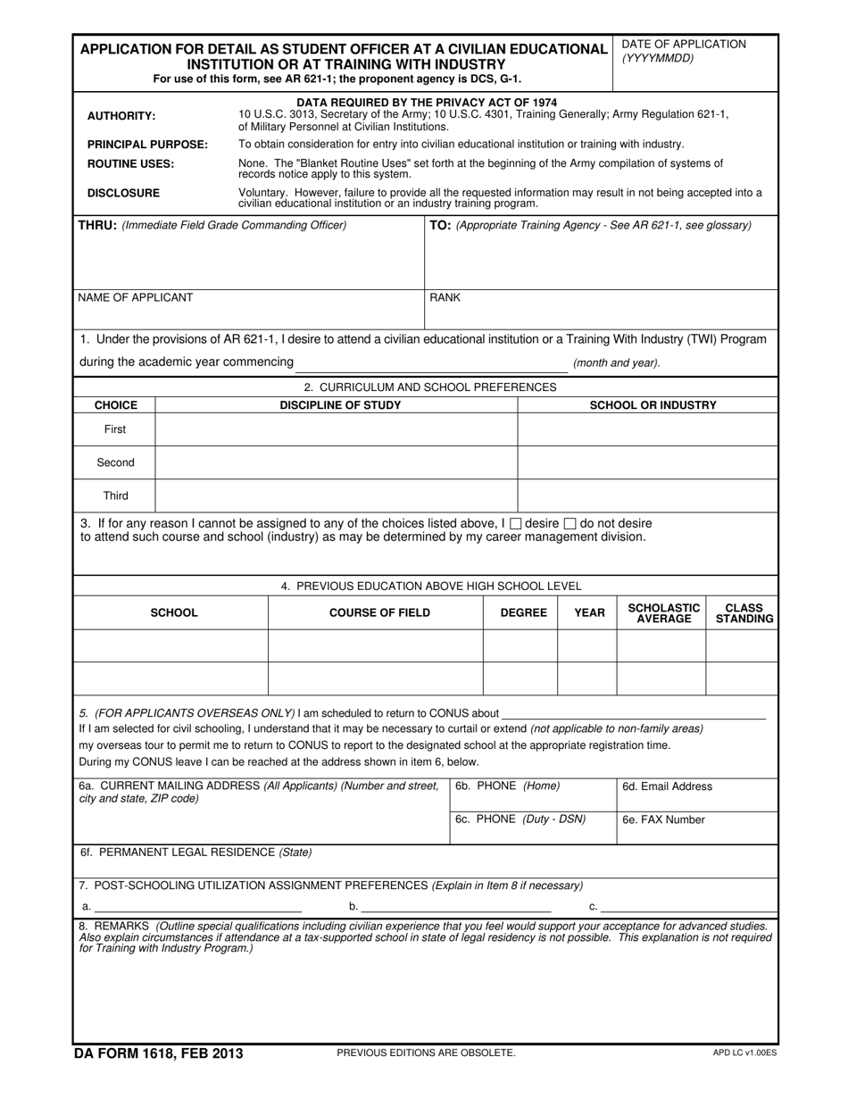 DA Form 1618 Application for Detail as Student Officer at a Civilian Educational Institution or at Training With Industry, Page 1