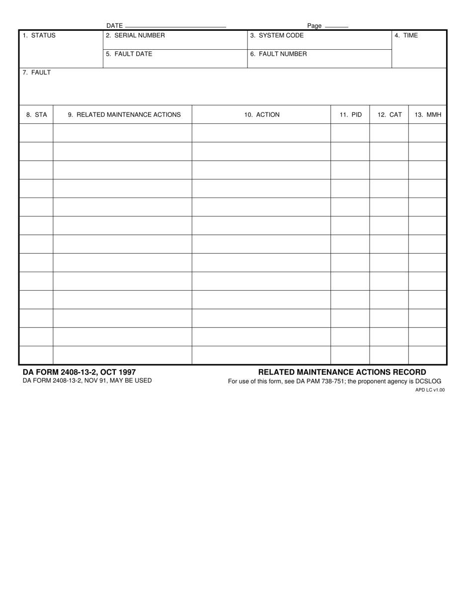 DA Form 2408-13-2 Related Maintenance Actions Record, Page 1