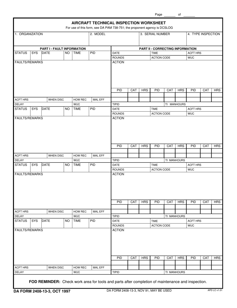 DA Form 2408-13-3 Aircraft Technical Inspection Worksheet, Page 1