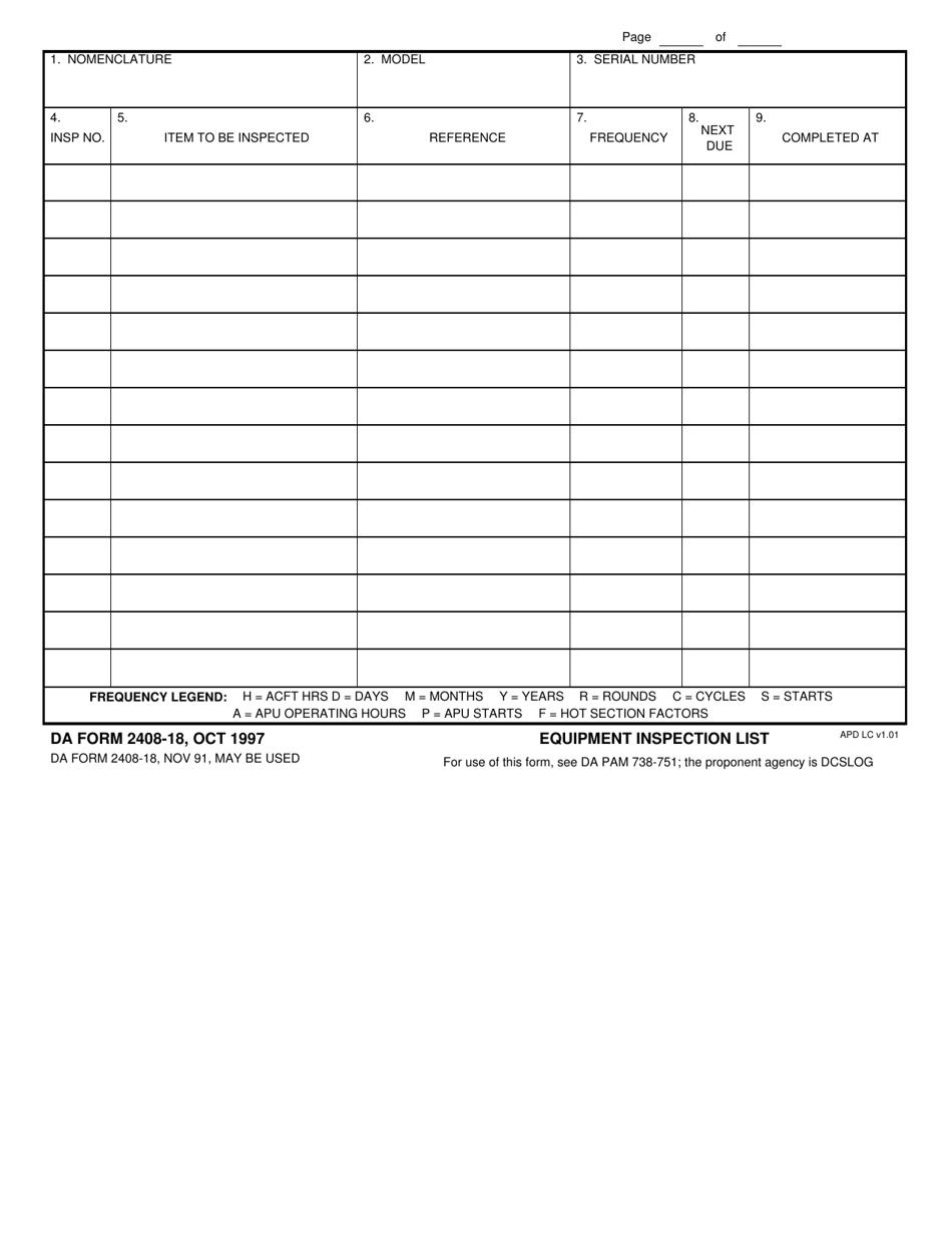 DA Form 2408-18 Equipment Inspection List, Page 1