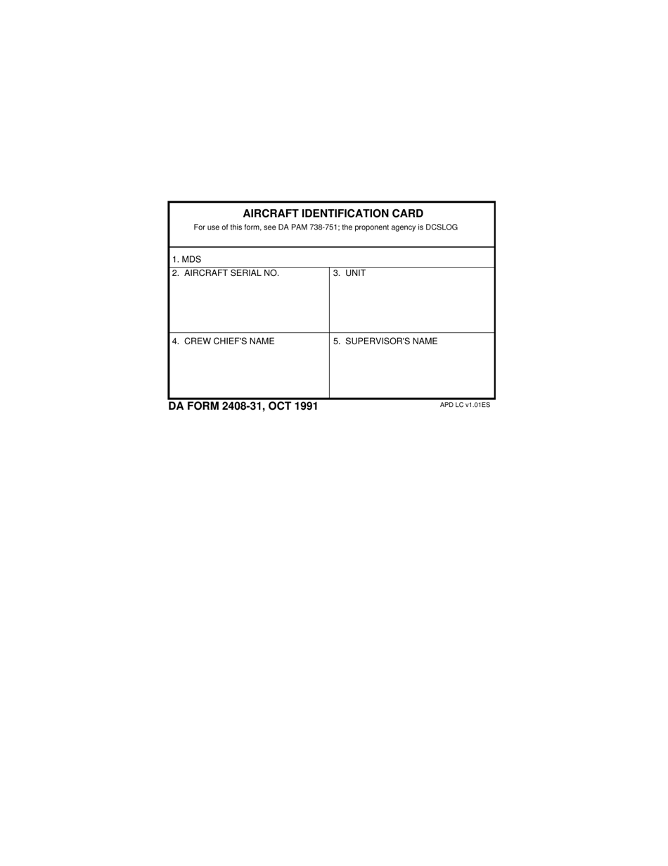 DA Form 2408-31 Aircraft Identification Card, Page 1