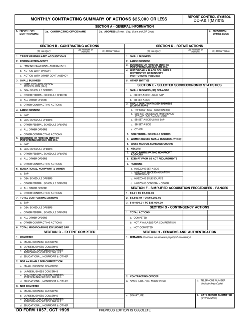 DD Form 1057 Monthly Contracting Summary of Actions $25,000 or Less