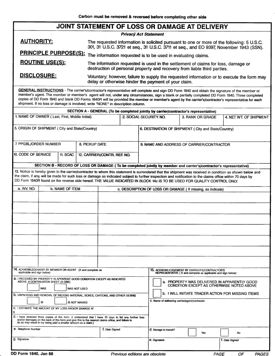 DD Form 1840 Joint Statement of Loss or Damage at Delivery, Page 1