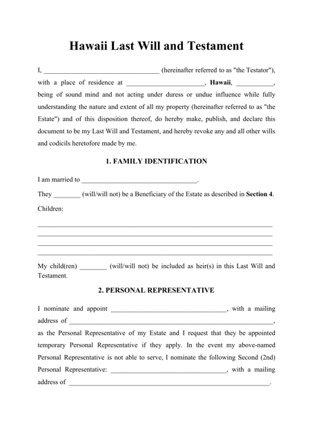 Last Will and Testament Template - Hawaii