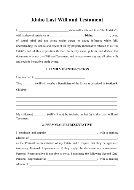 Last Will and Testament Template - Idaho