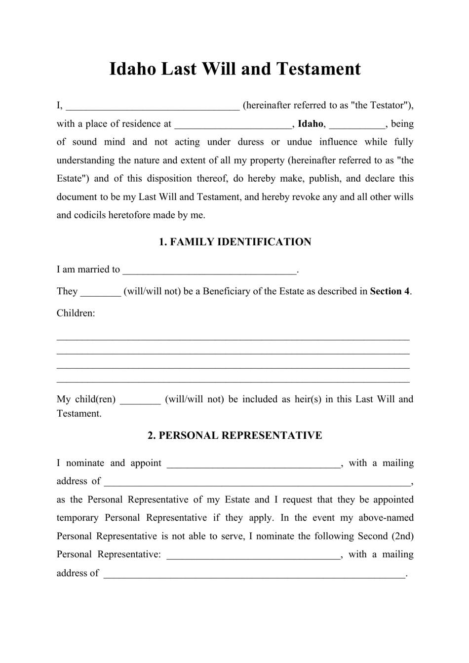 Last Will and Testament Template - Idaho