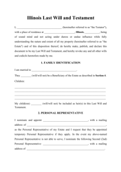 Document preview: Last Will and Testament Template - Illinois