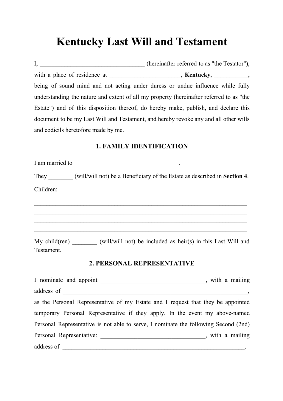 Last Will and Testament Template for Kentucky