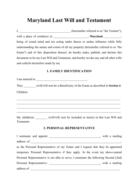 Last Will and Testament Template - Maryland