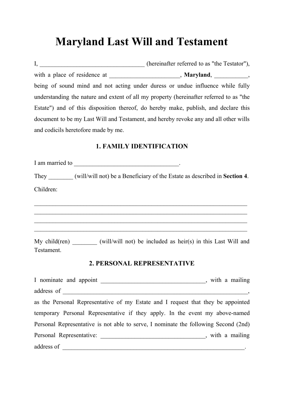 Maryland Last Will and Testament Template Download Printable PDF