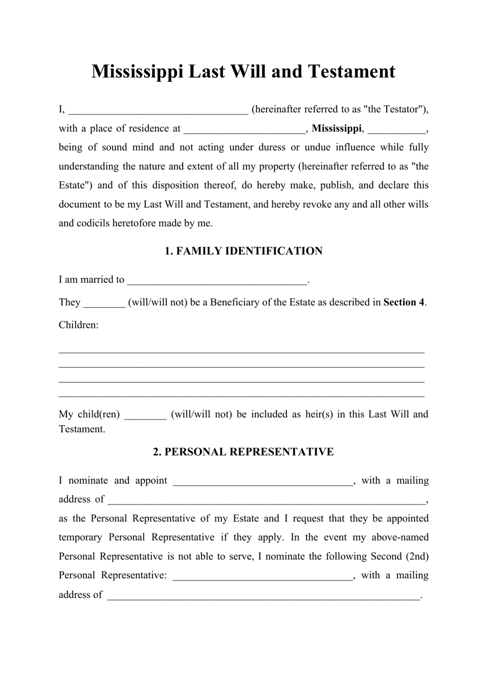 Mississippi Last Will And Testament Template Download Printable PDF 