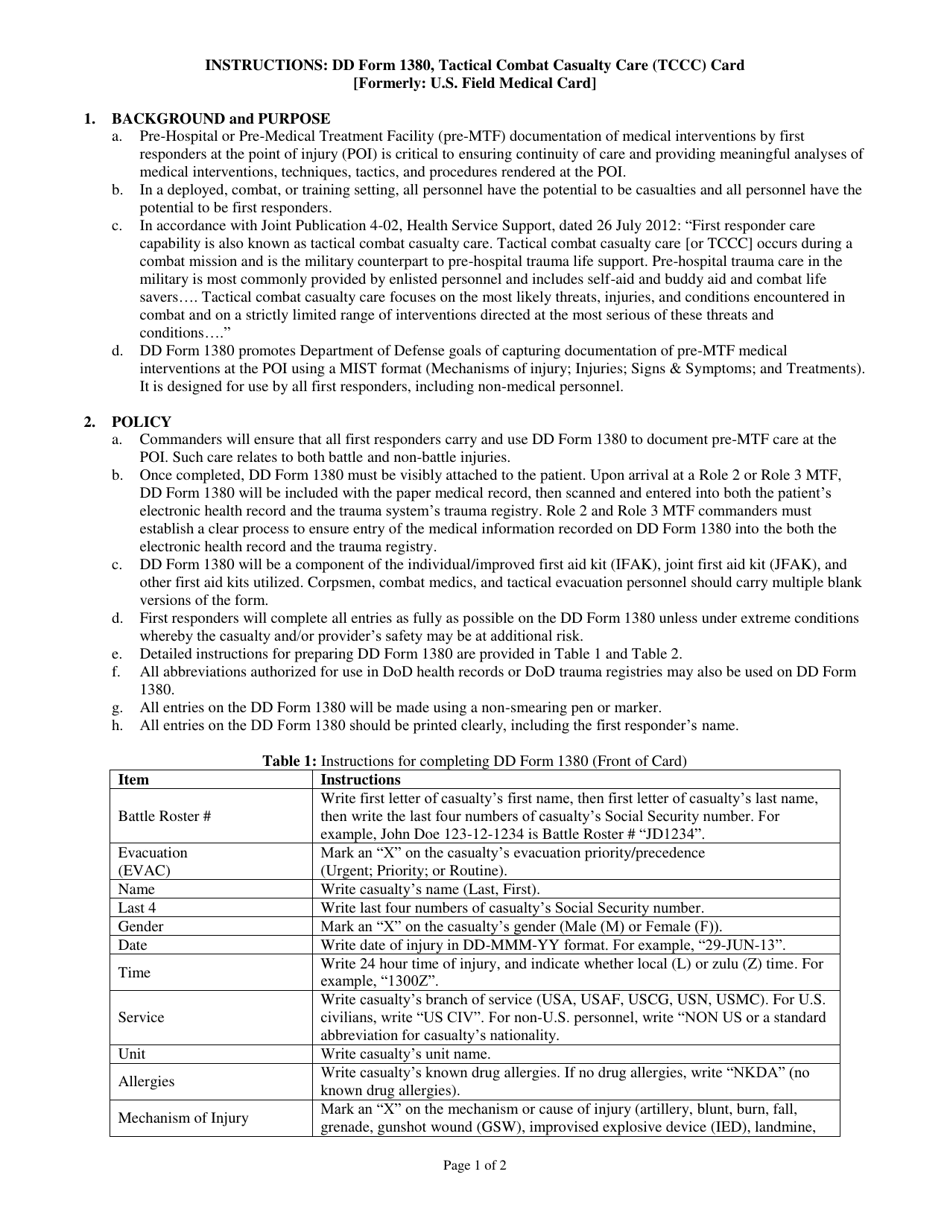 Instructions for DD Form 1380 Tactical Combat Casualty Care (Tccc) Card, Page 1