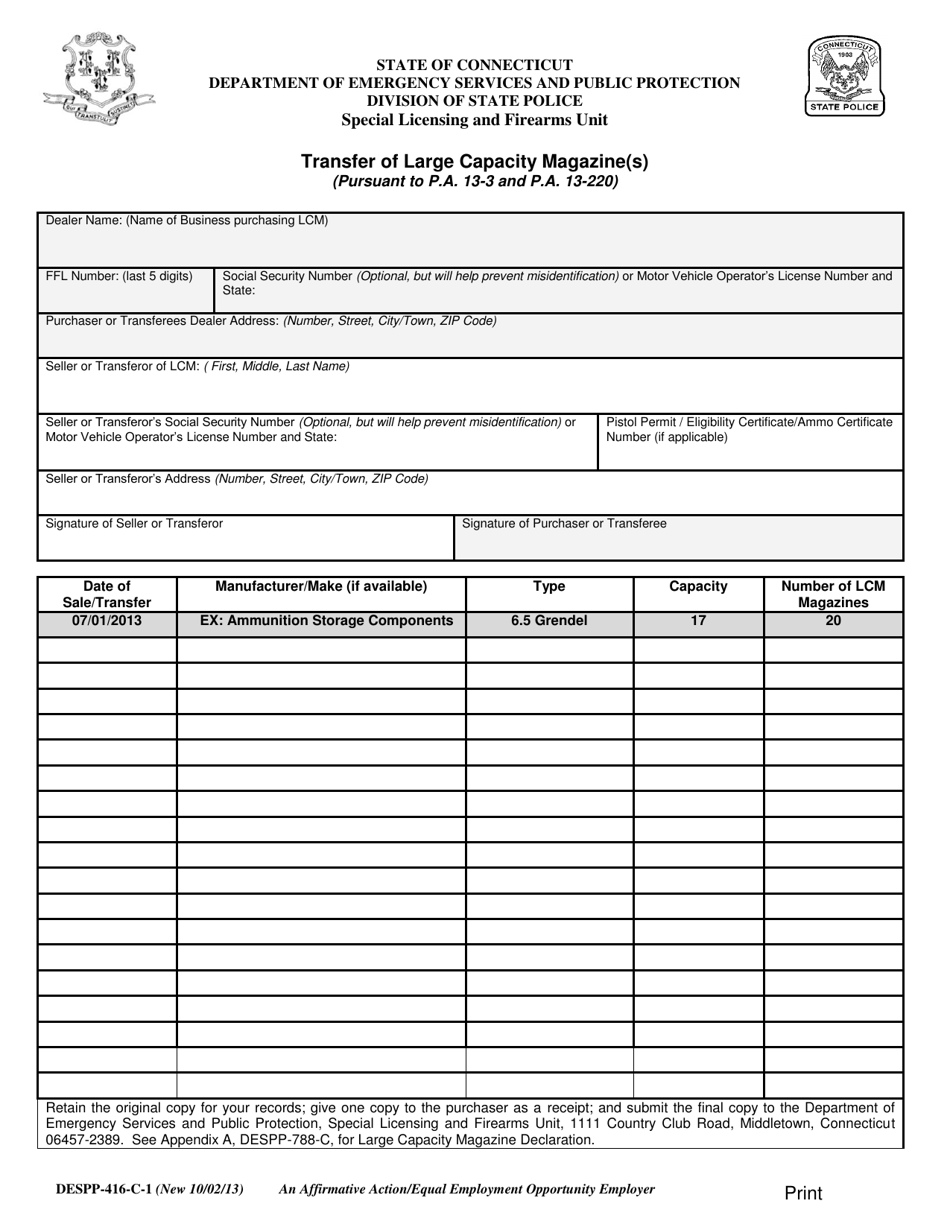 Form DESPP-416-C-1 Transfer of Large Capacity Magazine(S) - Connecticut, Page 1
