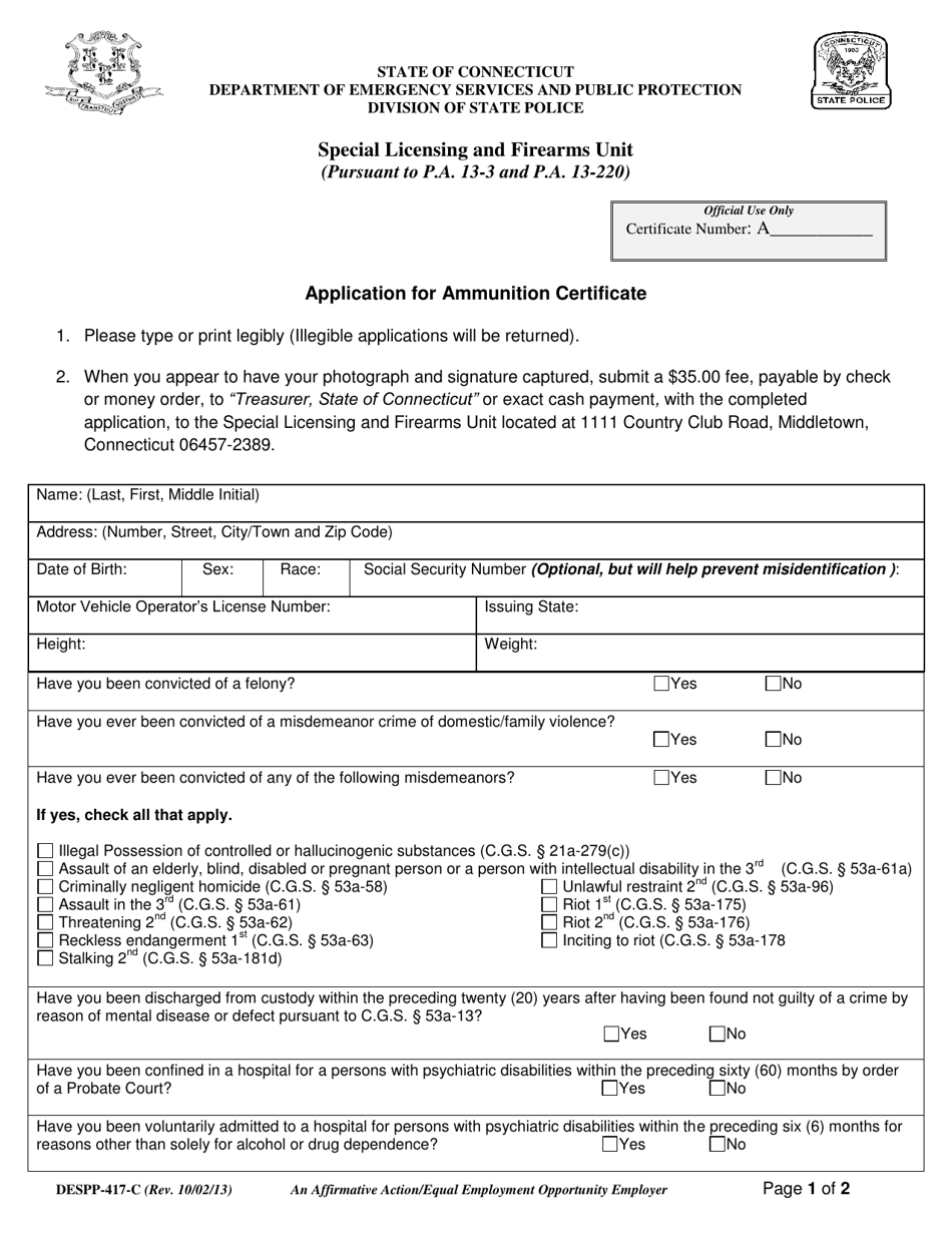Form DESPP-417-C Application for Ammunition Certificate - Connecticut, Page 1