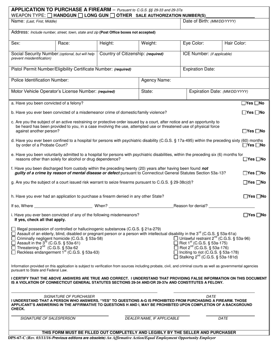 Form DPS-67-C Application to Purchase a Firearm - Connecticut, Page 1