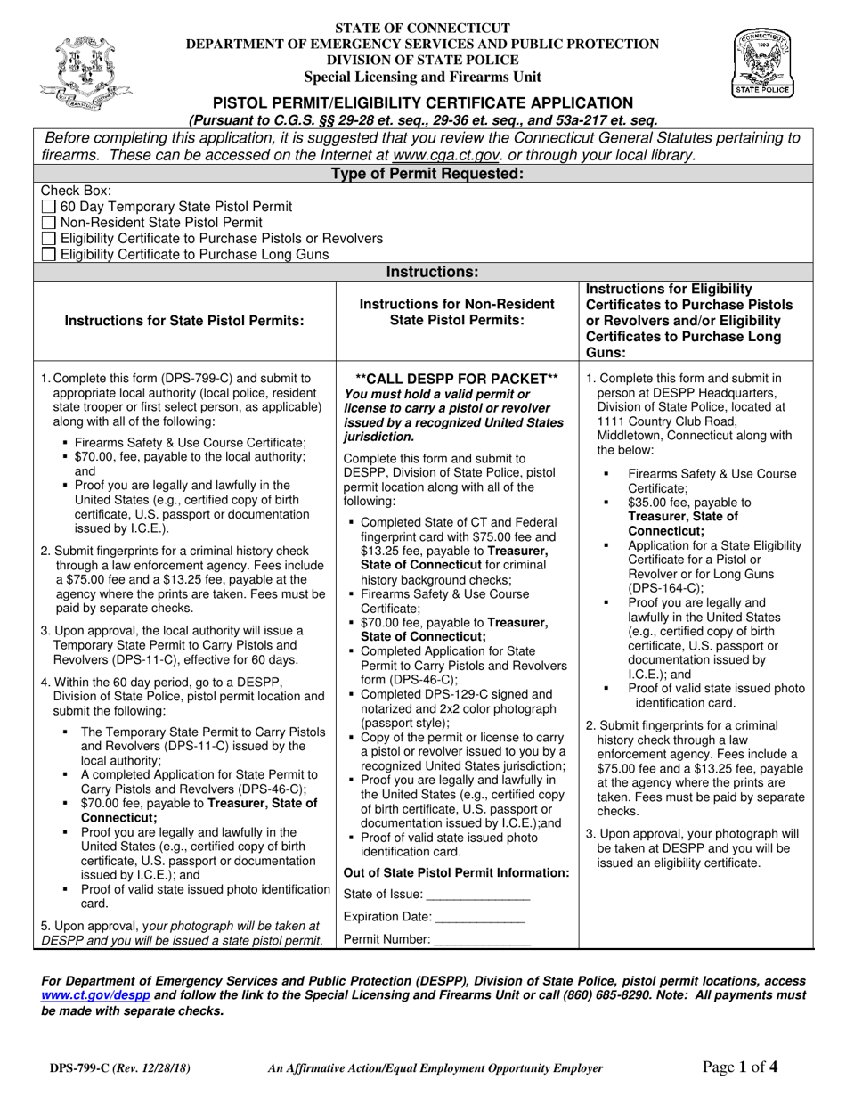 Form DPS-799-C Pistol Permit / Eligibility Certificate Application - Connecticut, Page 1