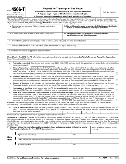 IRS Form 4506-T  Printable Pdf