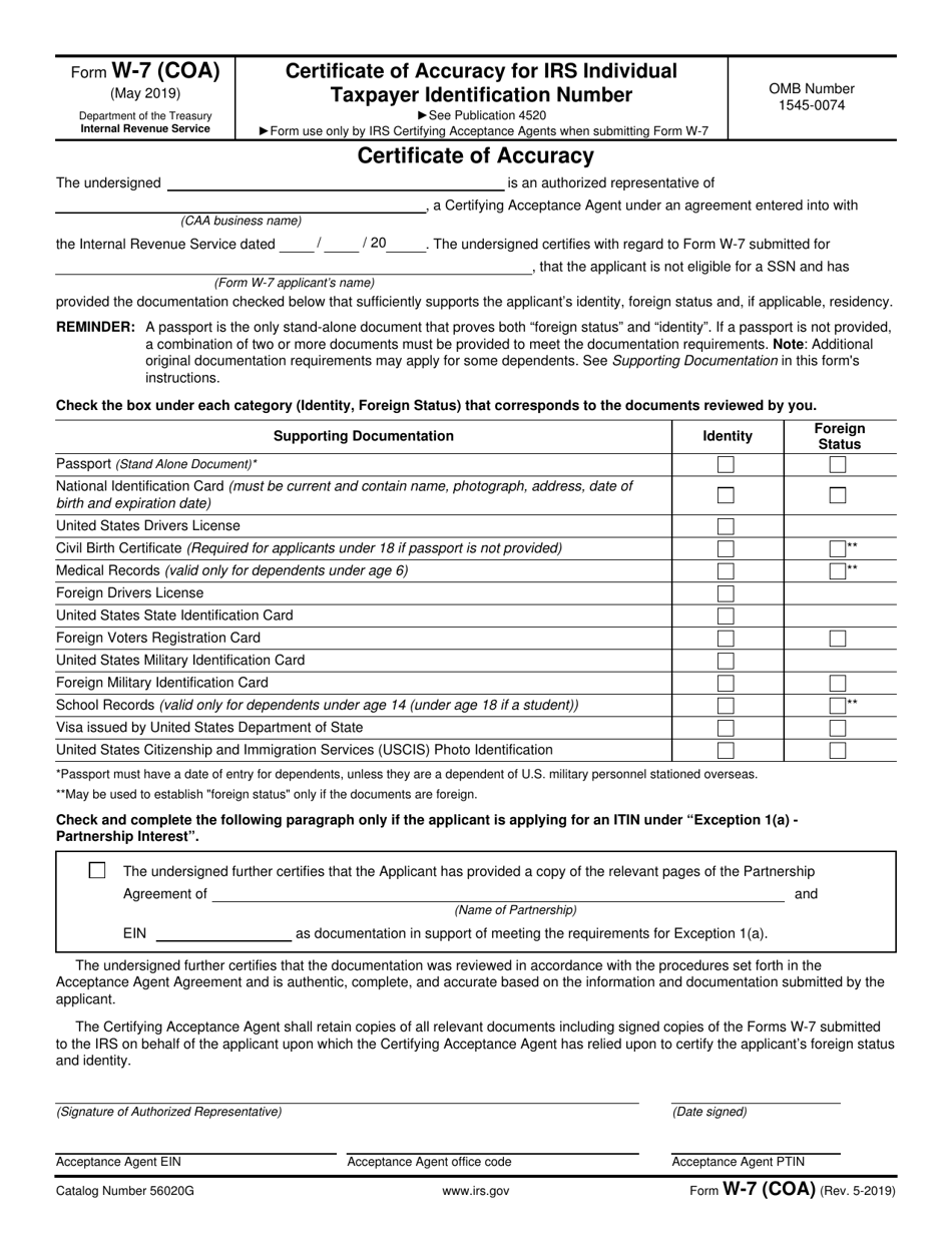 IRS Form W-7 (COA) Download Fillable PDF or Fill Online Certificate of