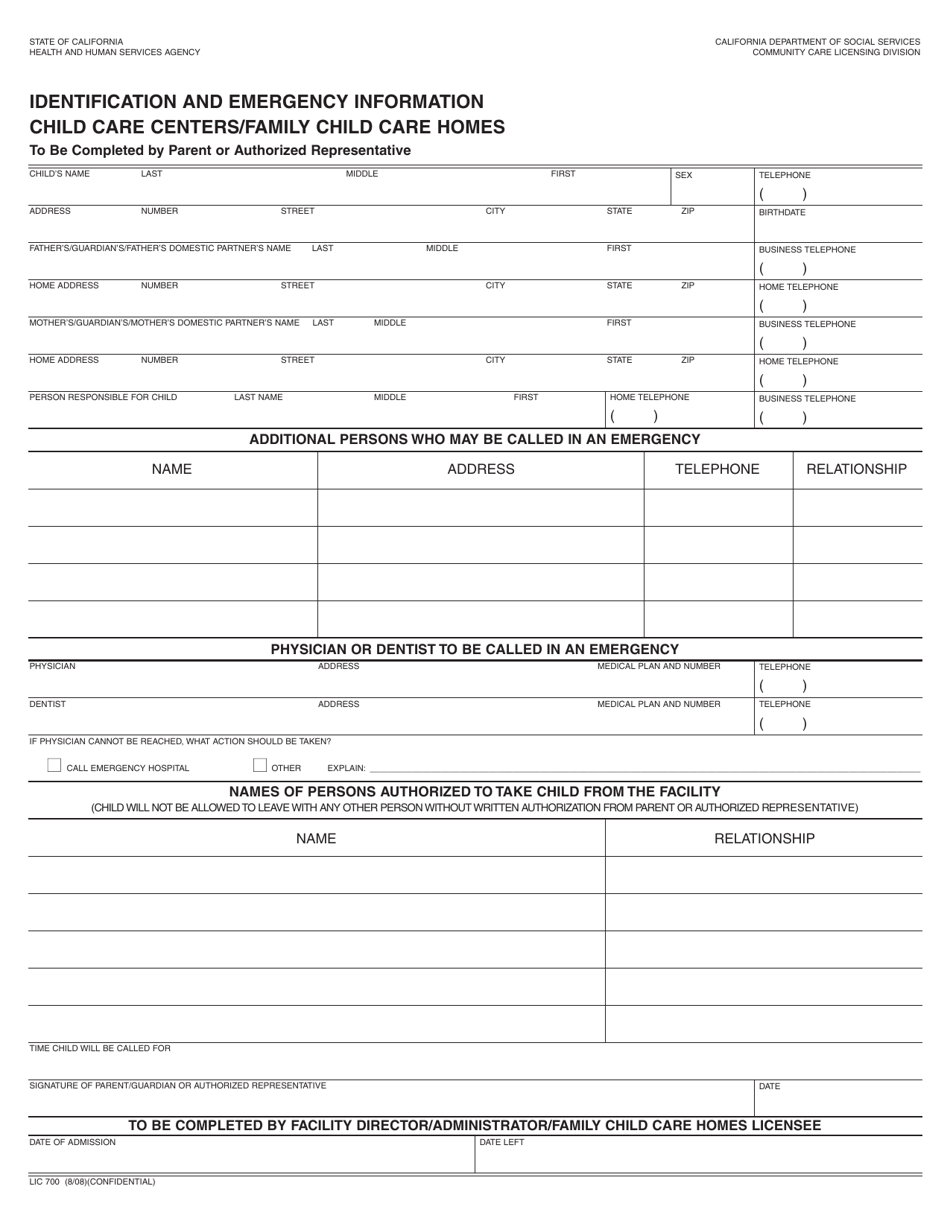 Form LIC700 Identification and Emergency Information - Child Care Centers / Family Child Care Homes - California, Page 1
