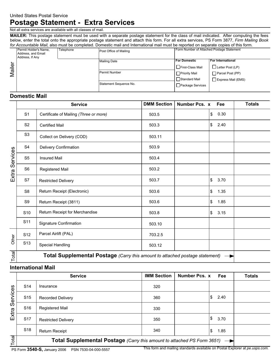 PS Form 3540-S Postage Statement - Extra Services, Page 1