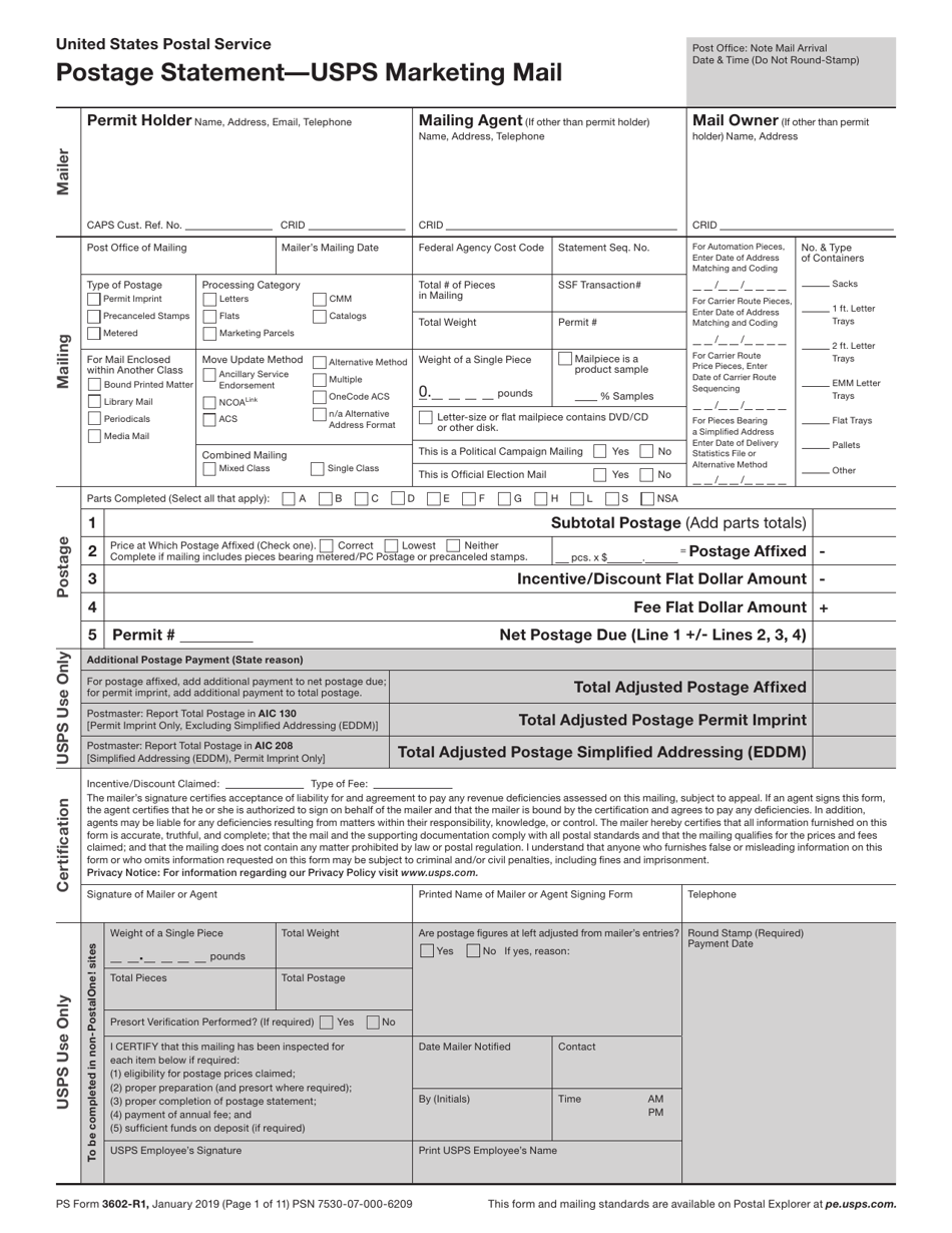 PS Form 3602-R Postage Statement - USPS Marketing Mail, Page 1