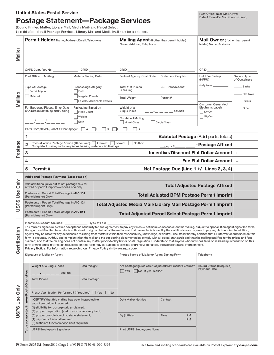PS Form 3605-R Postage Statement - Package Services, Page 1