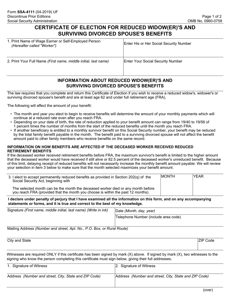 Form SSA-4111 Certificate of Election for Reduced Widow(Er)s and Surviving Divorced Spouses Benefits, Page 1